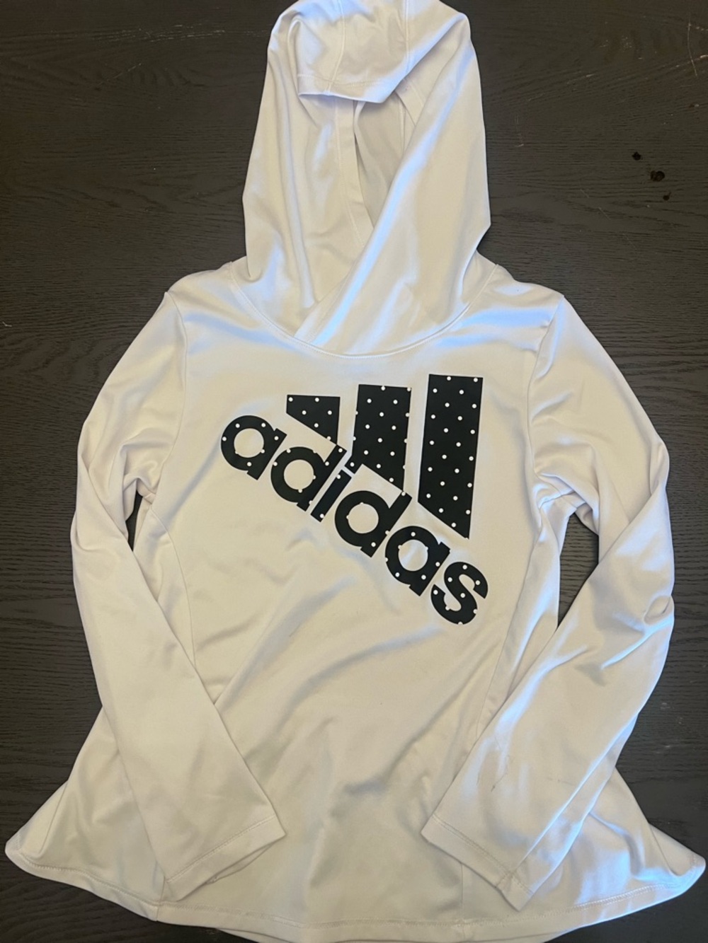 Adidas White Hooded Long Sleeve Top with Black Polka Dot Logo